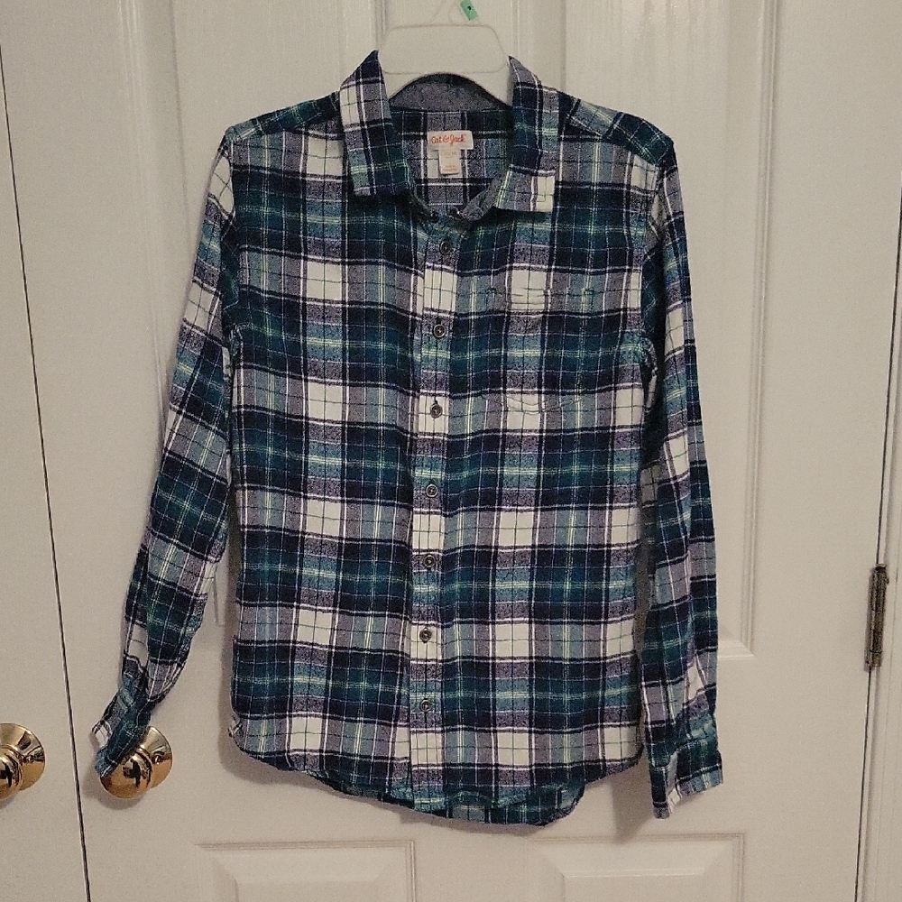 Cat & Jack Boy's Black and Green Plaid Button Down Flannel Shirt
